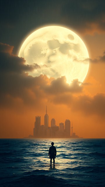 Dramatic Giant Moon Over Rainy City Ocean Wallpaper