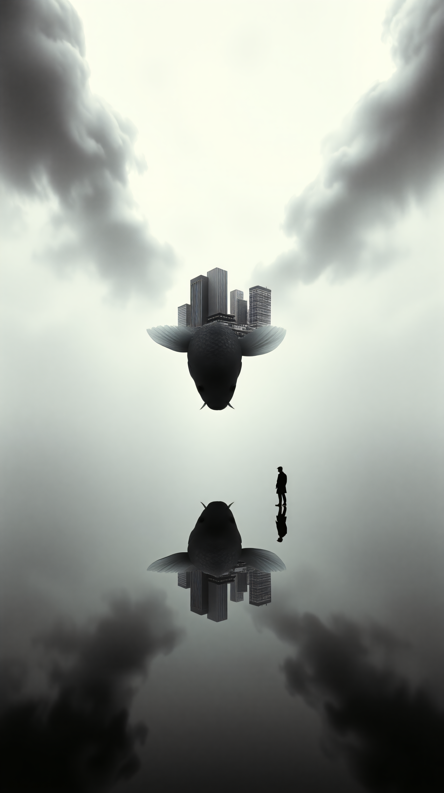Surreal Flying Whale City Reflection Wallpaper, surreal, fantasy, whale, city, reflection, monochrome