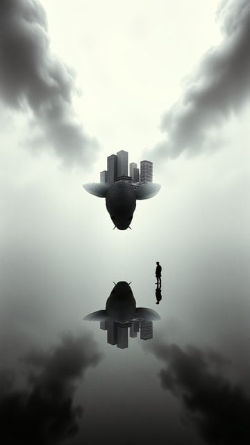 Surreal Flying Whale City Reflection Wallpaper