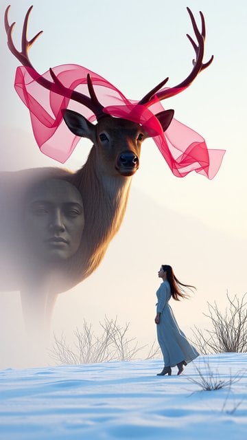 Mystic Deer, Woman & Red Ribbon in Snowy Fantasy