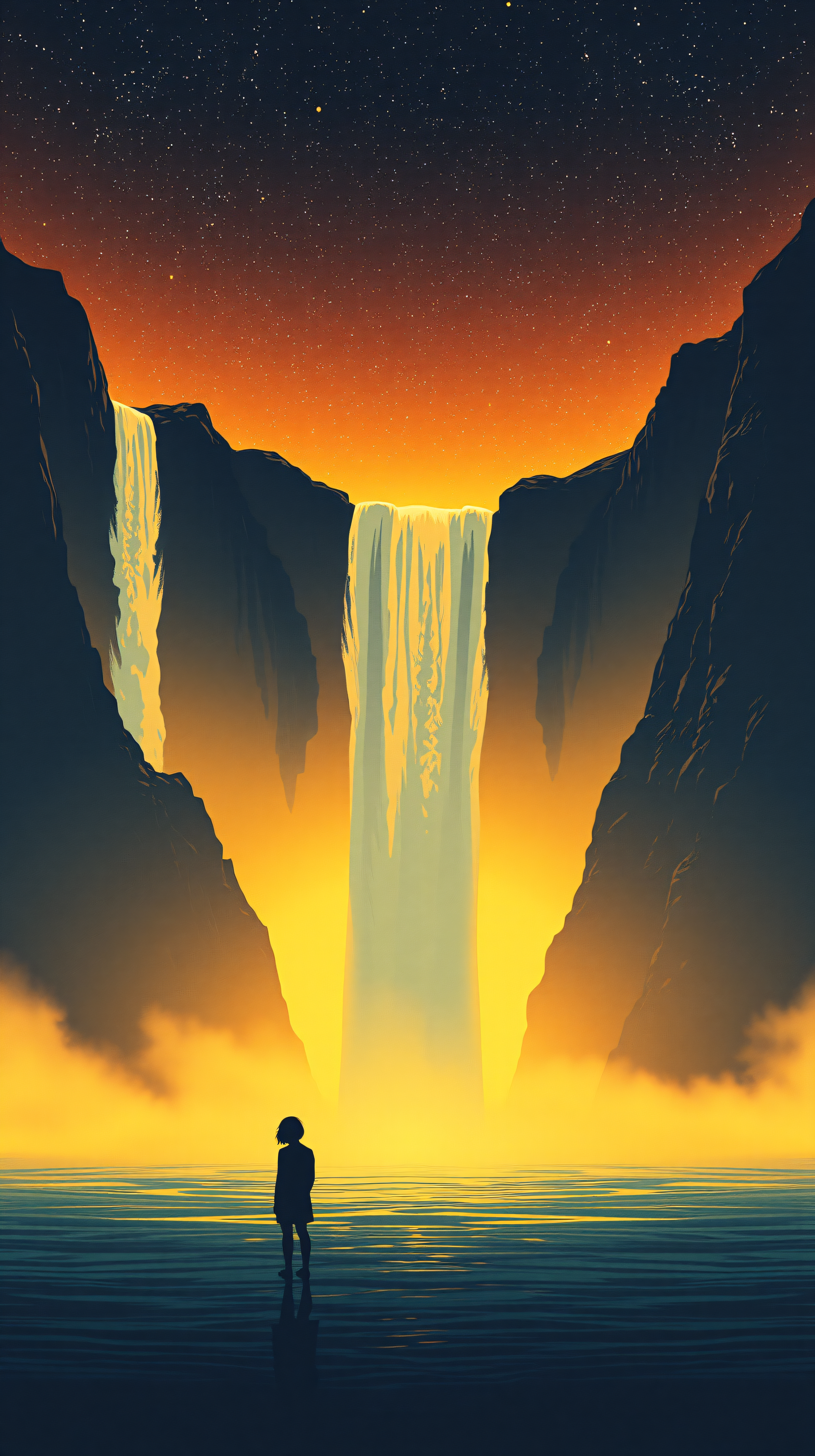 Starry Night Waterfall with Solitary Figure, waterfall, starry night, glowing water, solitary figure, fantasy landscape, nature art