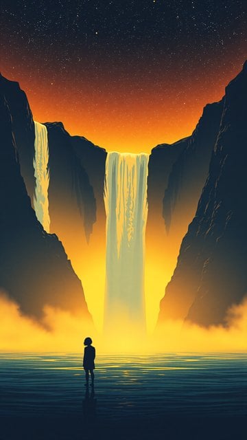 Starry Night Waterfall with Solitary Figure