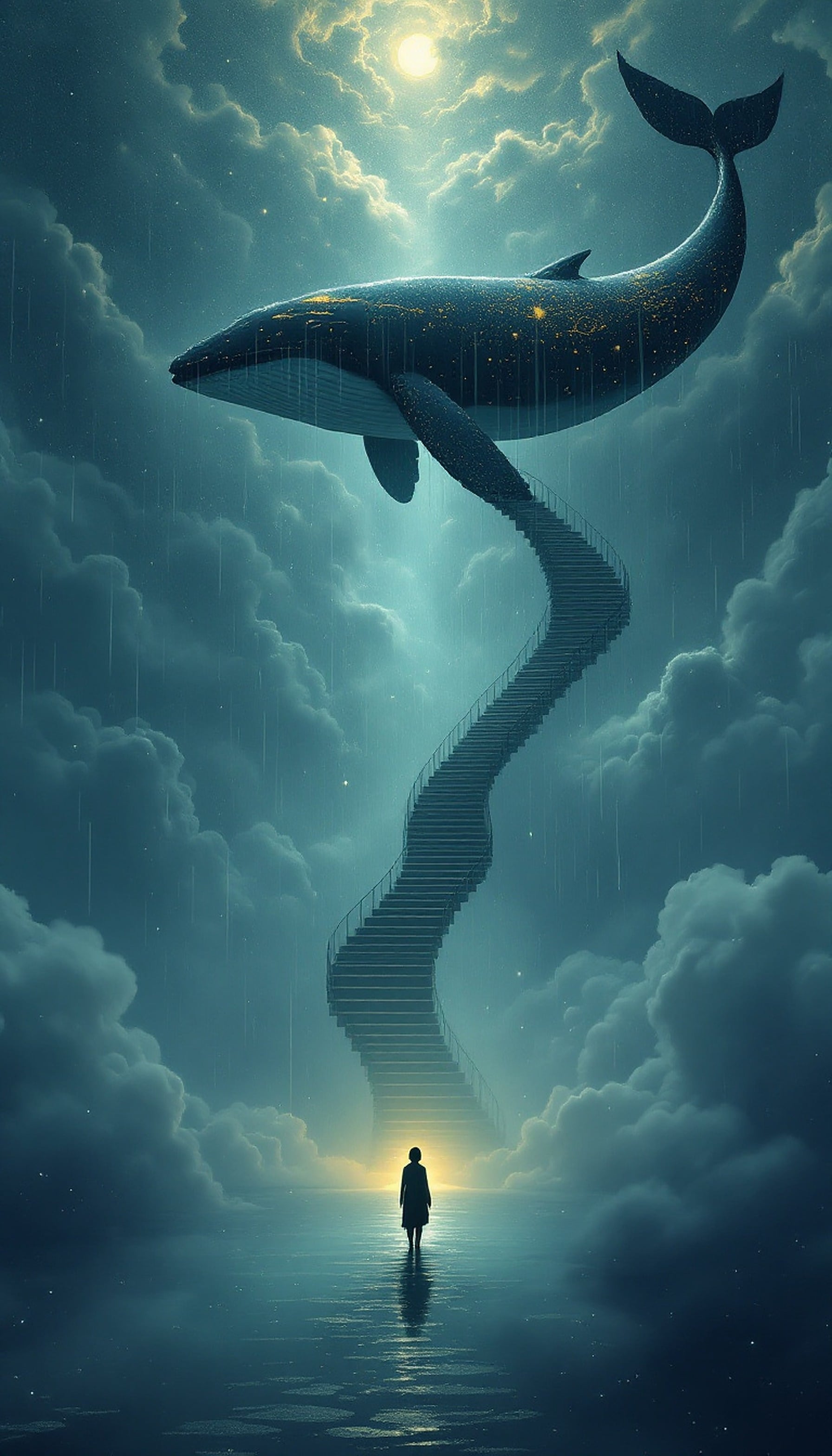 Dreamy Whale Stairway to Sky Wallpaper, fantasy wallpaper, whale art, surreal sky, stairway to heaven, moonlit clouds, dreamy aesthetic
