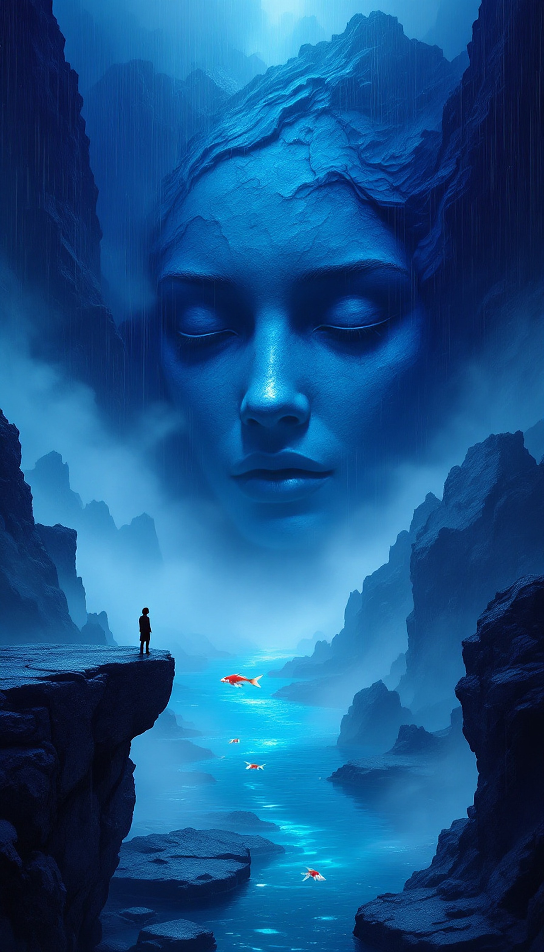 Mystic Blue Rain Goddess & Koi River Fantasy, fantasy wallpaper, blue aesthetic, goddess art, koi fish, mystical landscape, rainy mood