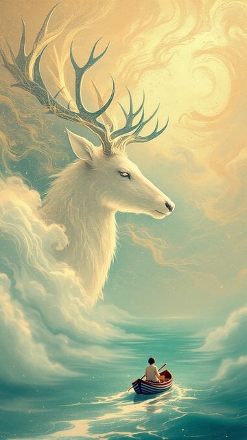 Dreamy Spirit Deer & Lone Rower Fantasy Art