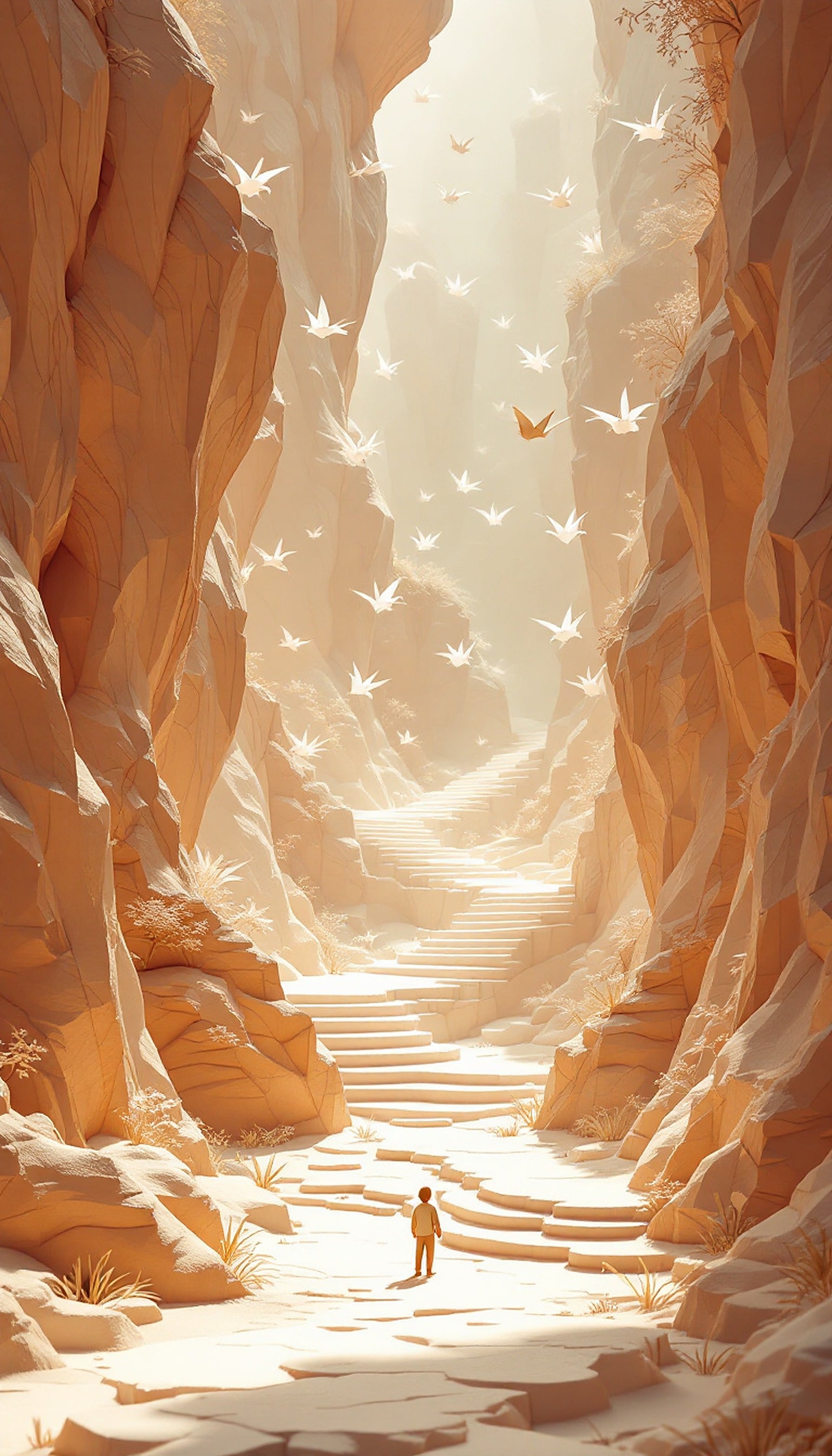 Sunlit Canyon Path with Ascending Steps & Birds, canyon wallpaper, minimalist, ethereal, desert, steps, birds