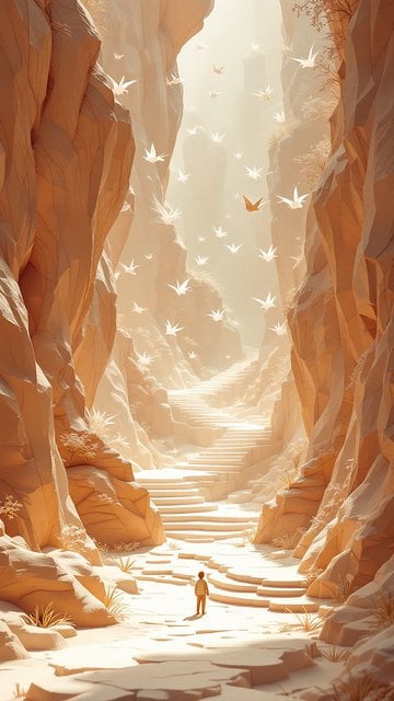 Sunlit Canyon Path with Ascending Steps & Birds
