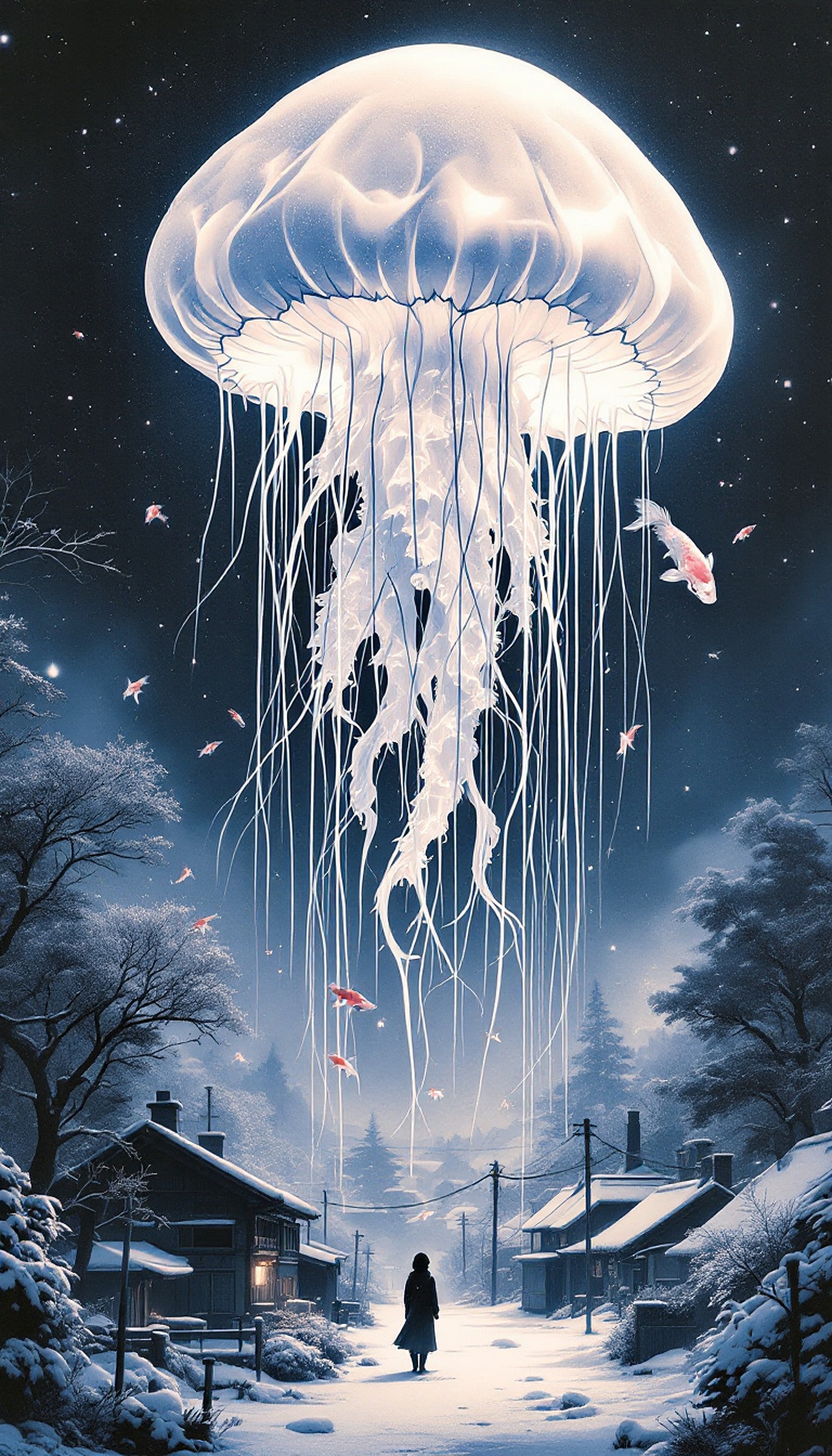 Giant Jellyfish in Snowy Village Night Sky, jellyfish, snowy village, night sky, surreal, fantasy, glowing