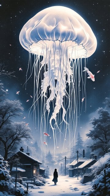 Giant Jellyfish in Snowy Village Night Sky