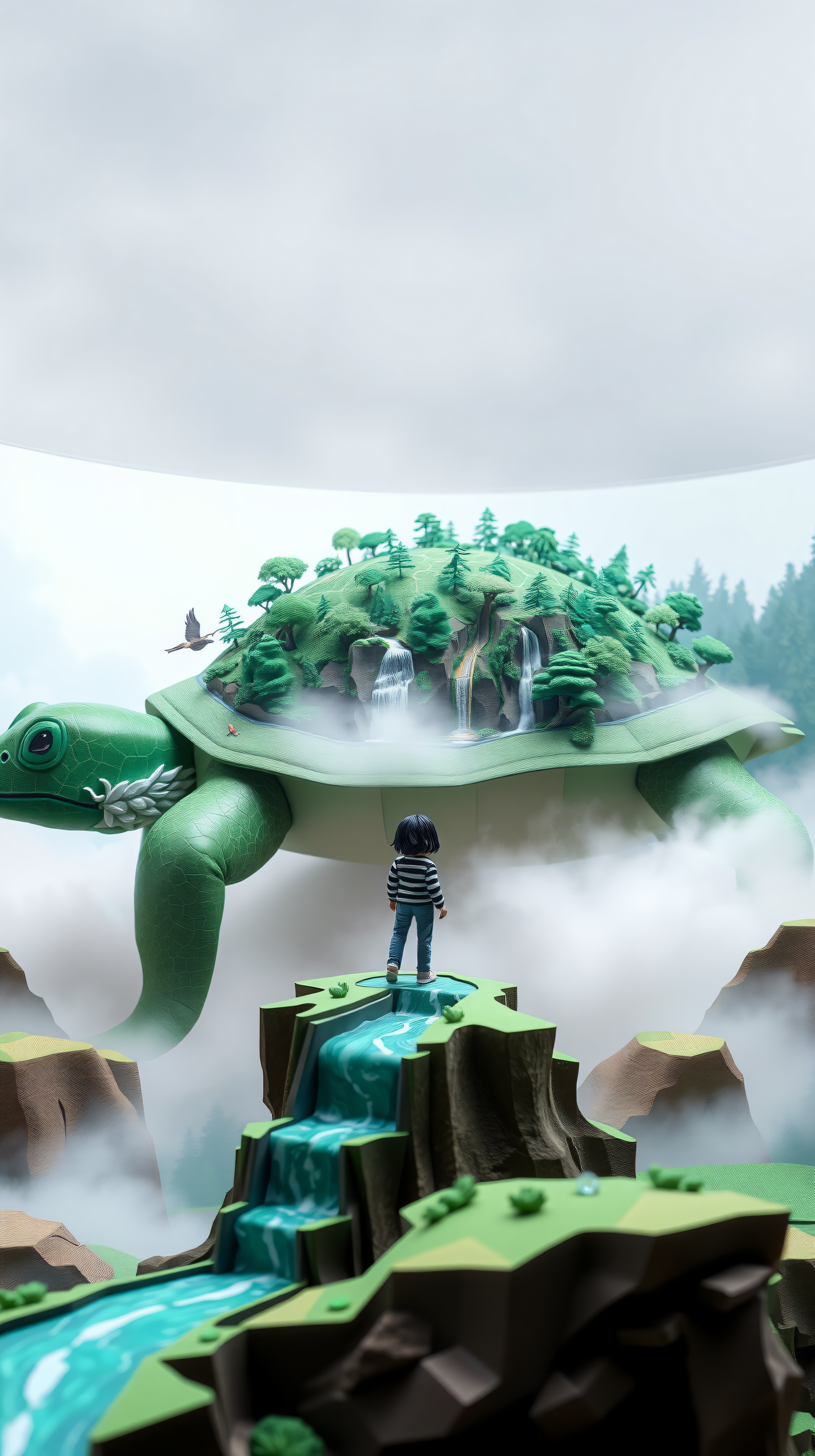 Giant Turtle Island World Miniature Landscape, giant turtle, floating island, miniature world, fantasy landscape, nature wallpaper, green aesthetic