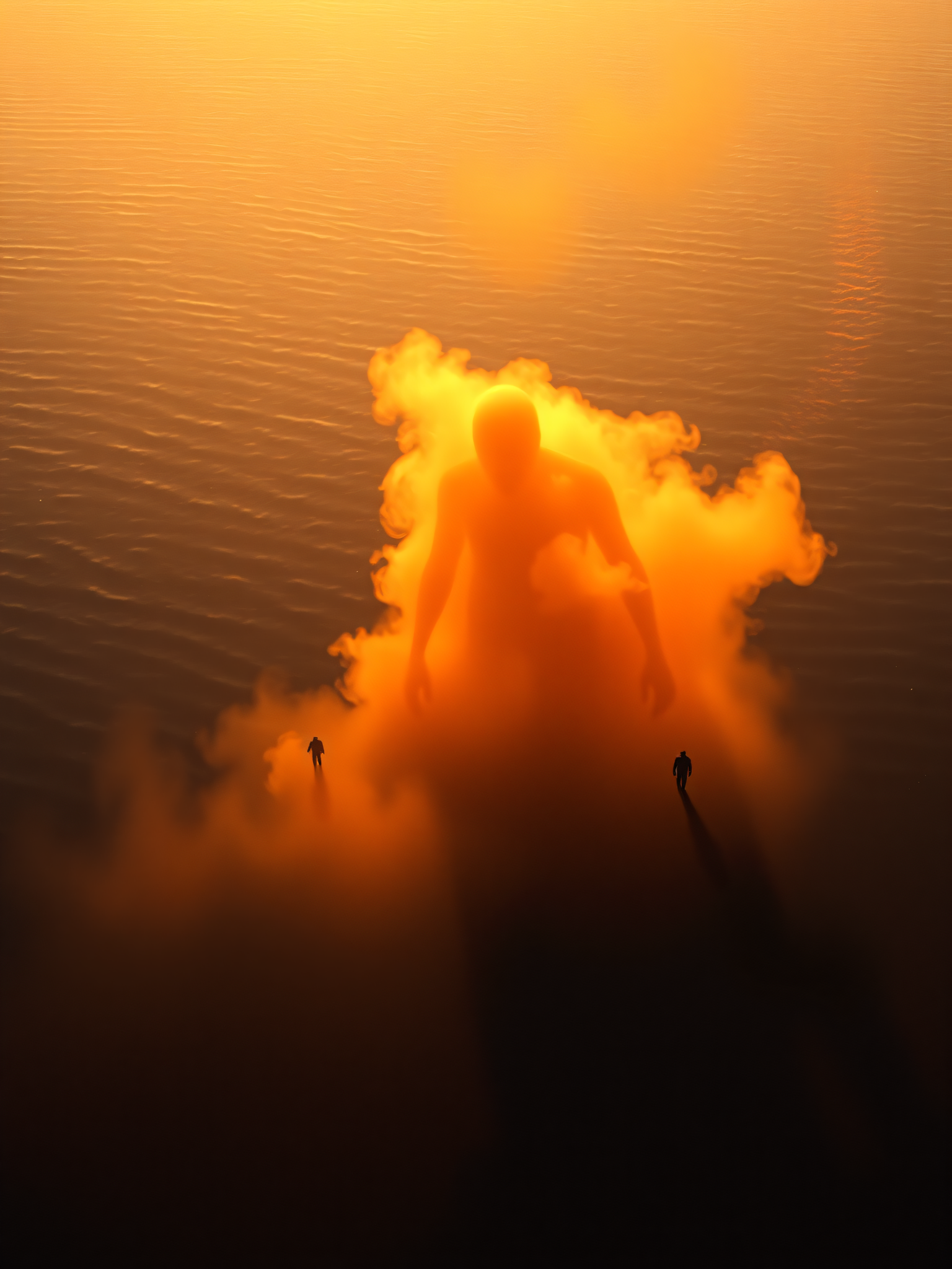 Giant Fiery Figure over Ocean at Sunset, giant figure, fiery cloud, sunset ocean, surreal art, digital painting, orange aesthetic