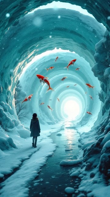 Fantasy Ice Tunnel Journey with Koi Fish