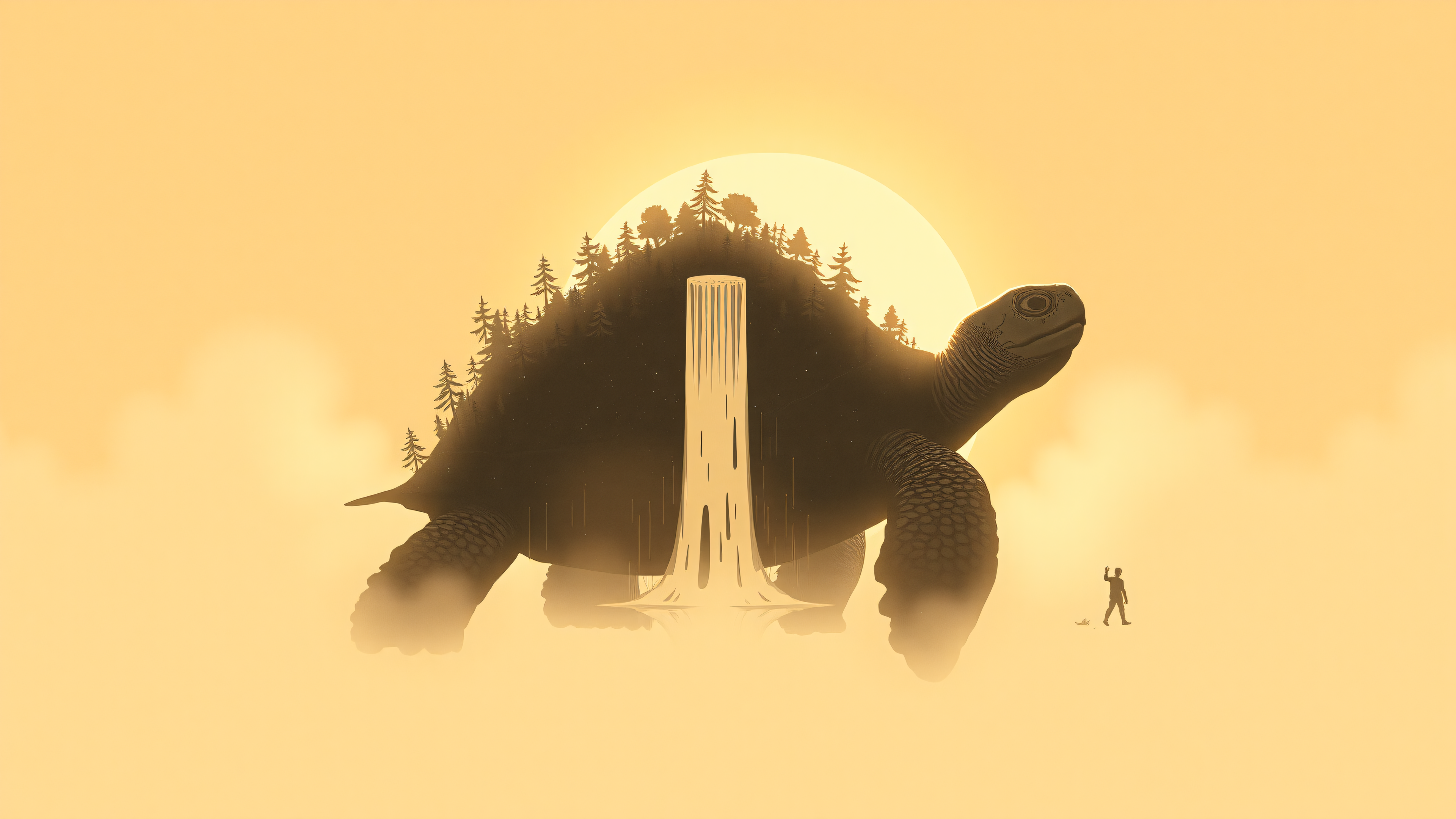 Giant Turtle Island Waterfall Sunset Wallpaper, giant turtle, fantasy art, sunset wallpaper, waterfall island, surreal nature, mythical creature