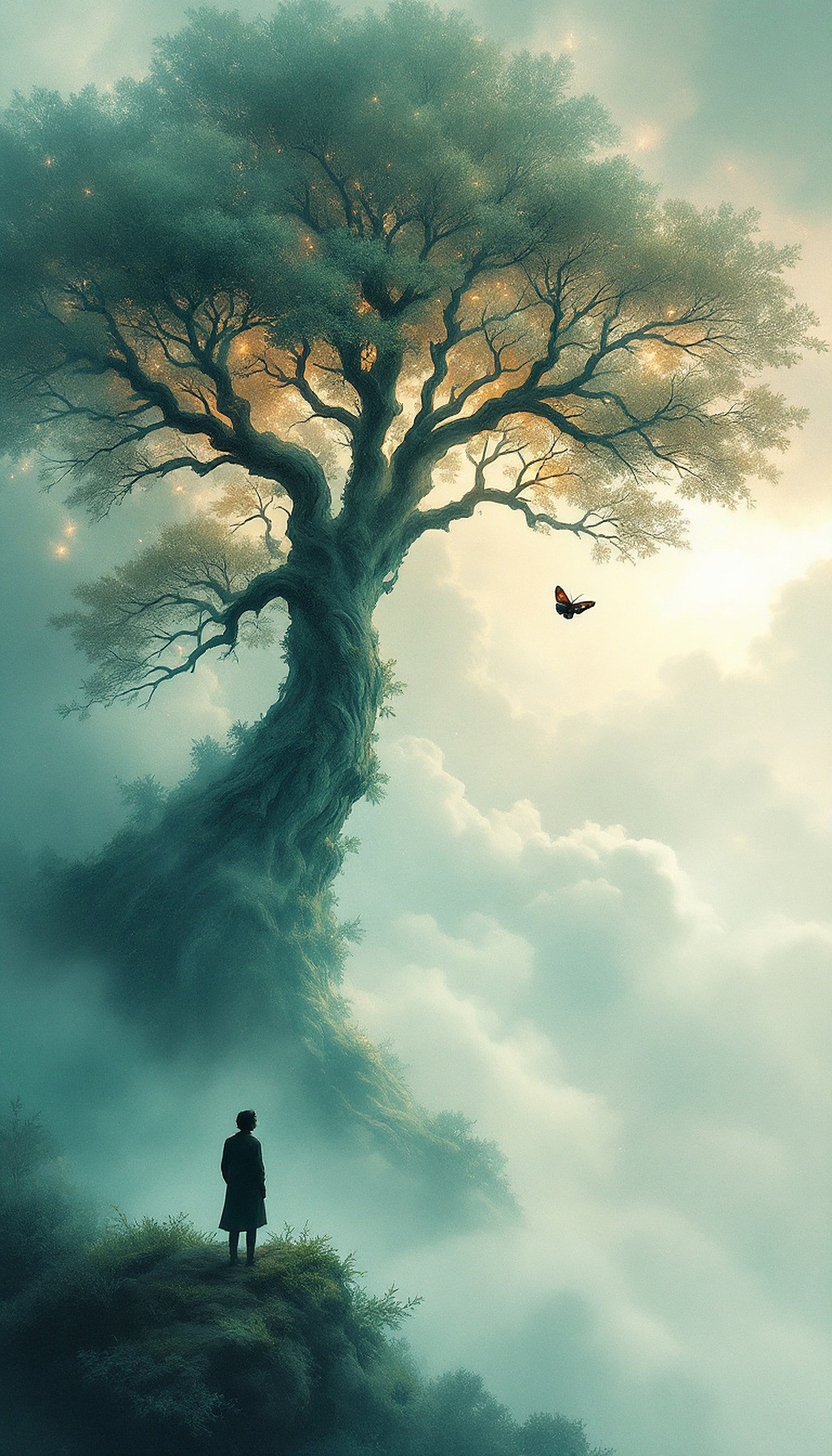 Mystic Tree, Traveler & Butterfly Mobile Wallpaper, mystic tree, fantasy landscape, glowing tree, magical forest, cloudscape, solitary figure