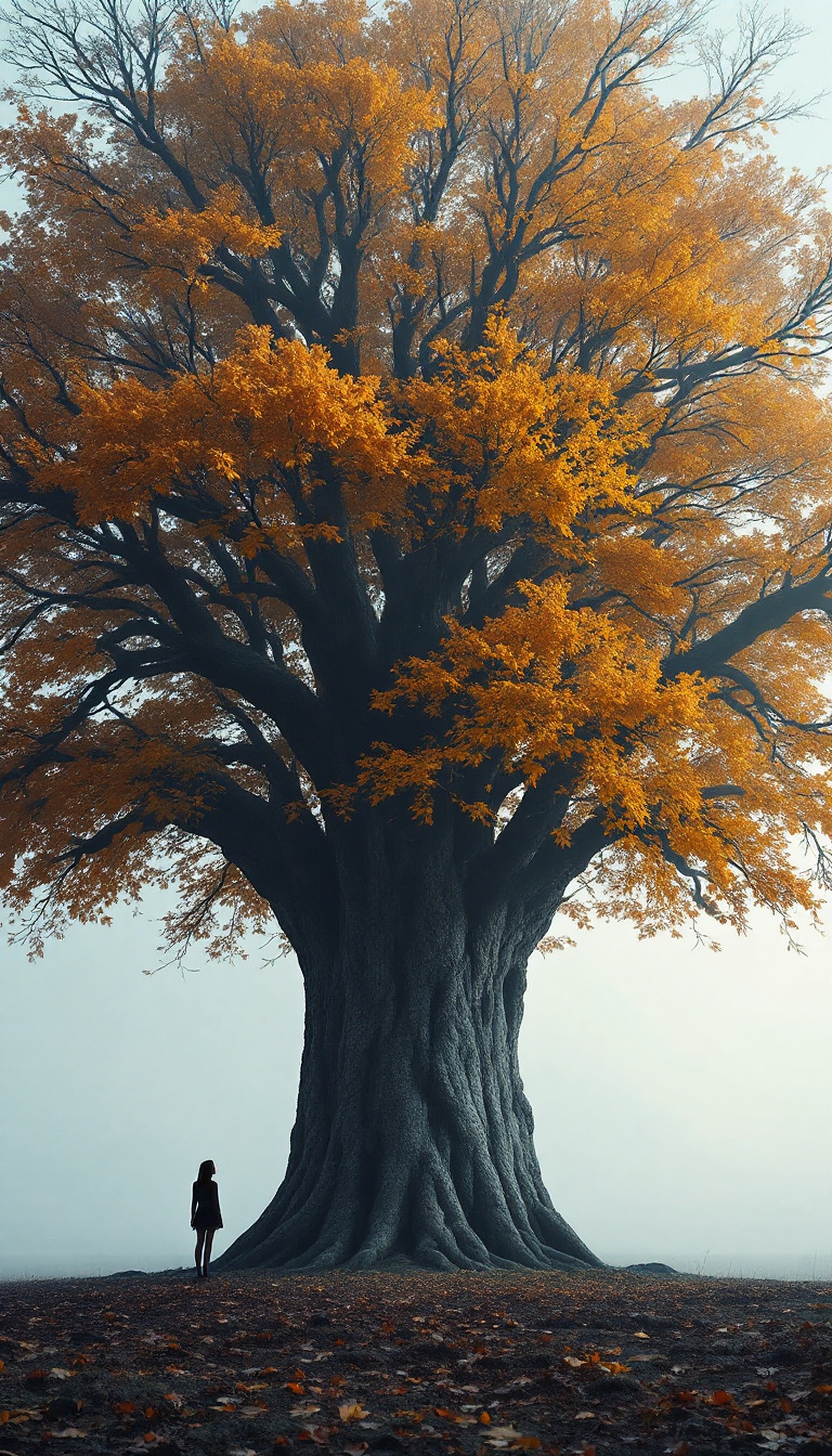 Giant Autumn Tree & Lone Figure in Foggy Landscape, autumn tree, golden leaves, foggy landscape, lone figure, misty forest, fantasy art