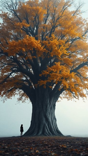 Giant Autumn Tree & Lone Figure in Foggy Landscape