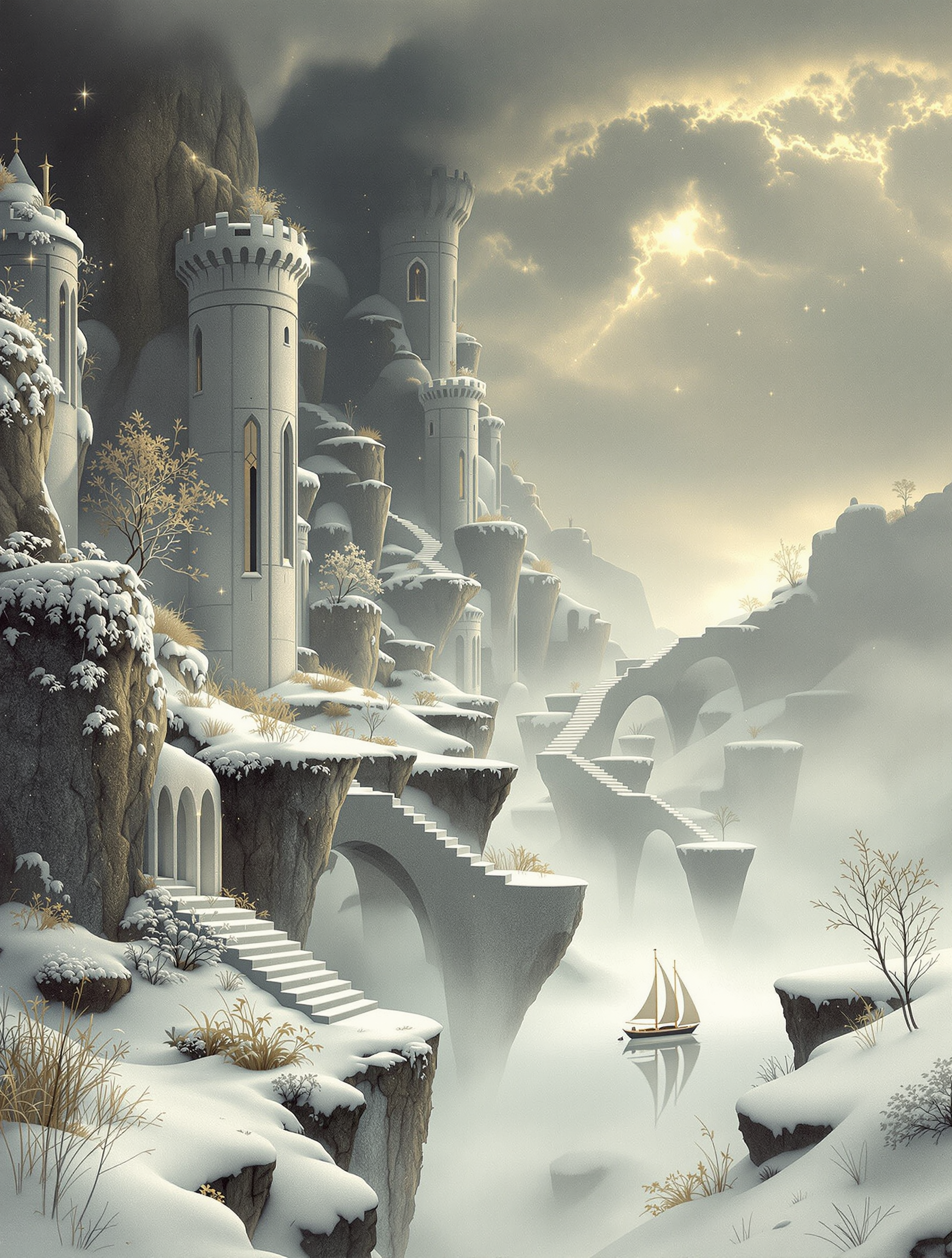 Dreamy Winter Castle Landscape with Sailboat, winter castle, fantasy landscape, snowy mountains, sailboat, dreamy wallpaper, ethereal art