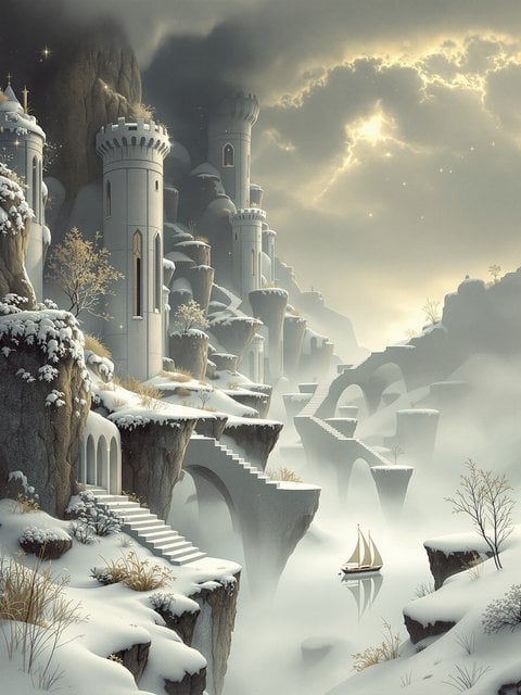 Dreamy Winter Castle Landscape with Sailboat
