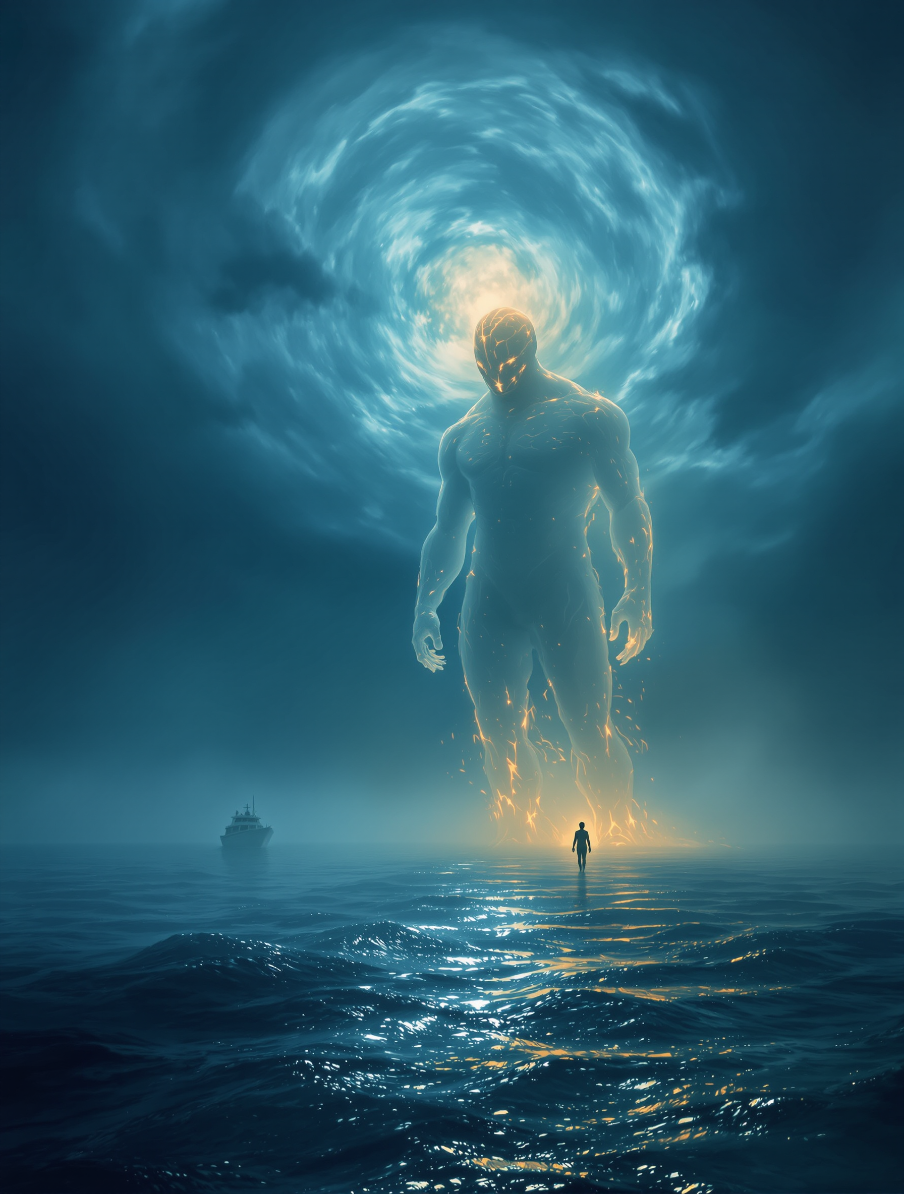 Mysterious Sea Giant and Solitary Figure Wallpaper, sea giant, ocean, fantasy, surreal, glowing figure, mysterious