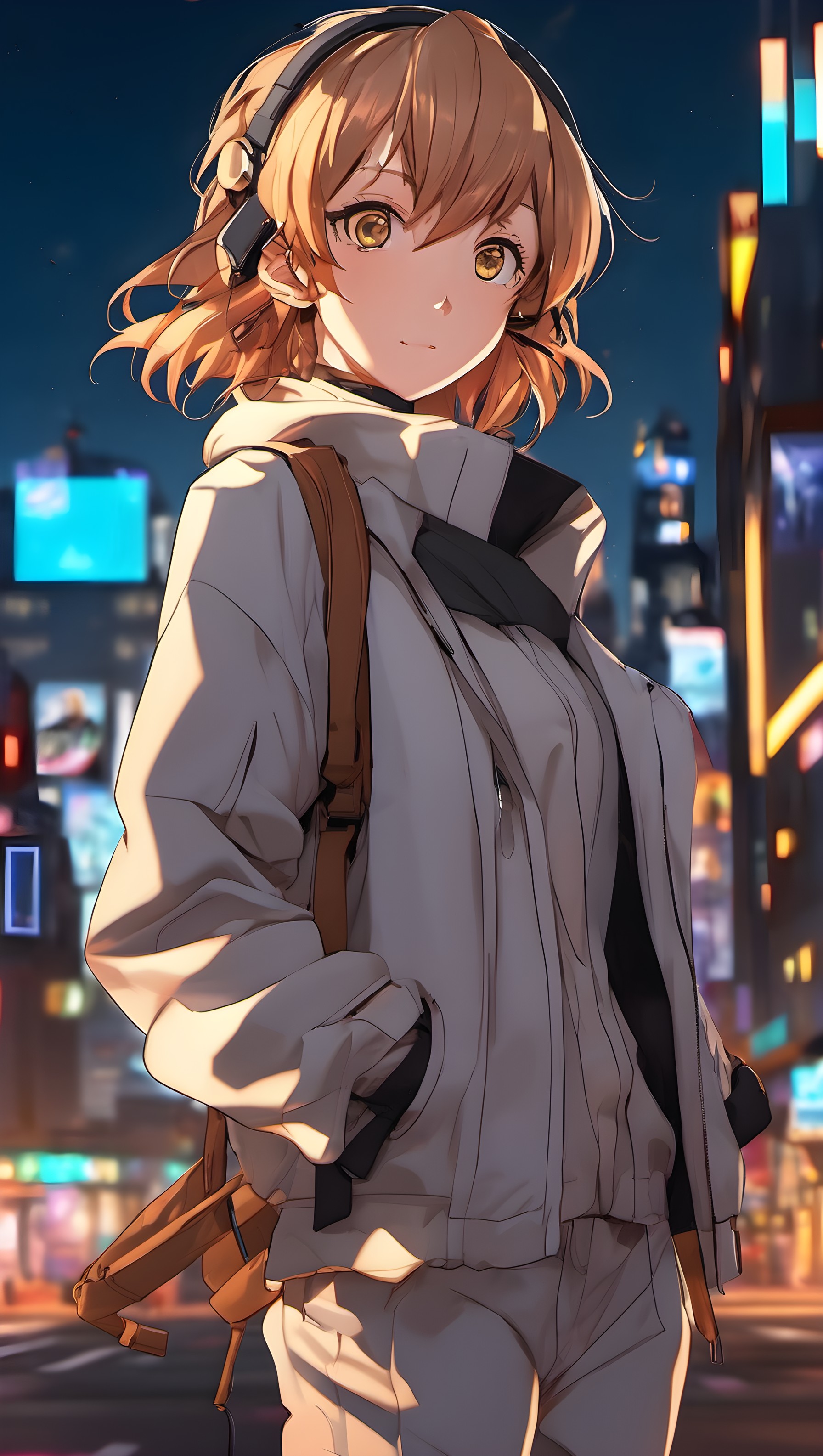 Anime Girl Urban Night Walk Wallpaper, anime girl, urban night, city lights, headphones, aesthetic, digital art
