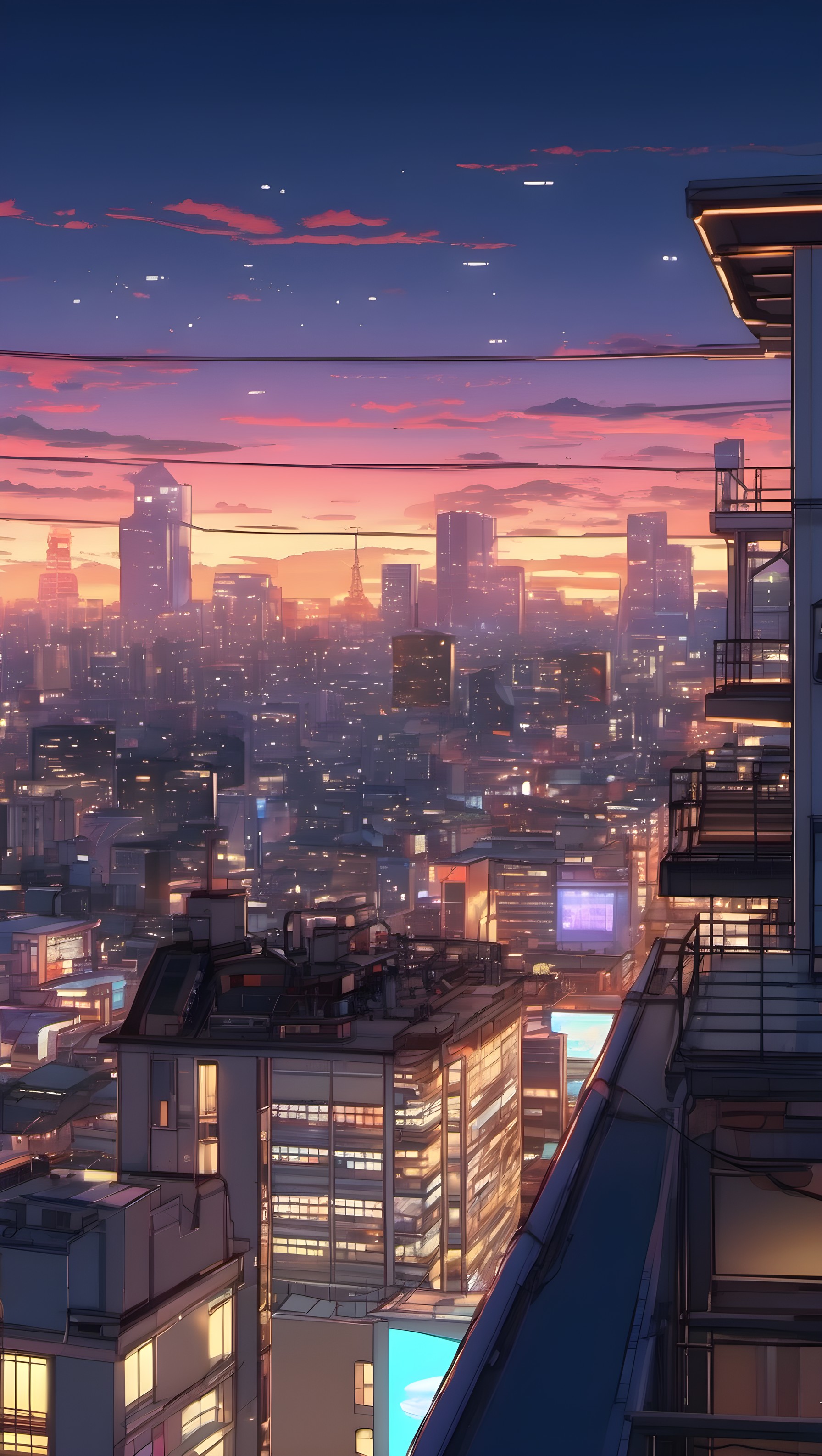 Anime City Sunset Rooftop View Mobile Wallpaper, cityscape, anime, sunset, twilight, urban, rooftop view