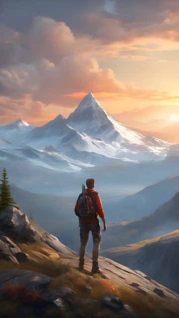 Hiker's Summit View: Majestic Mountains at Sunset
