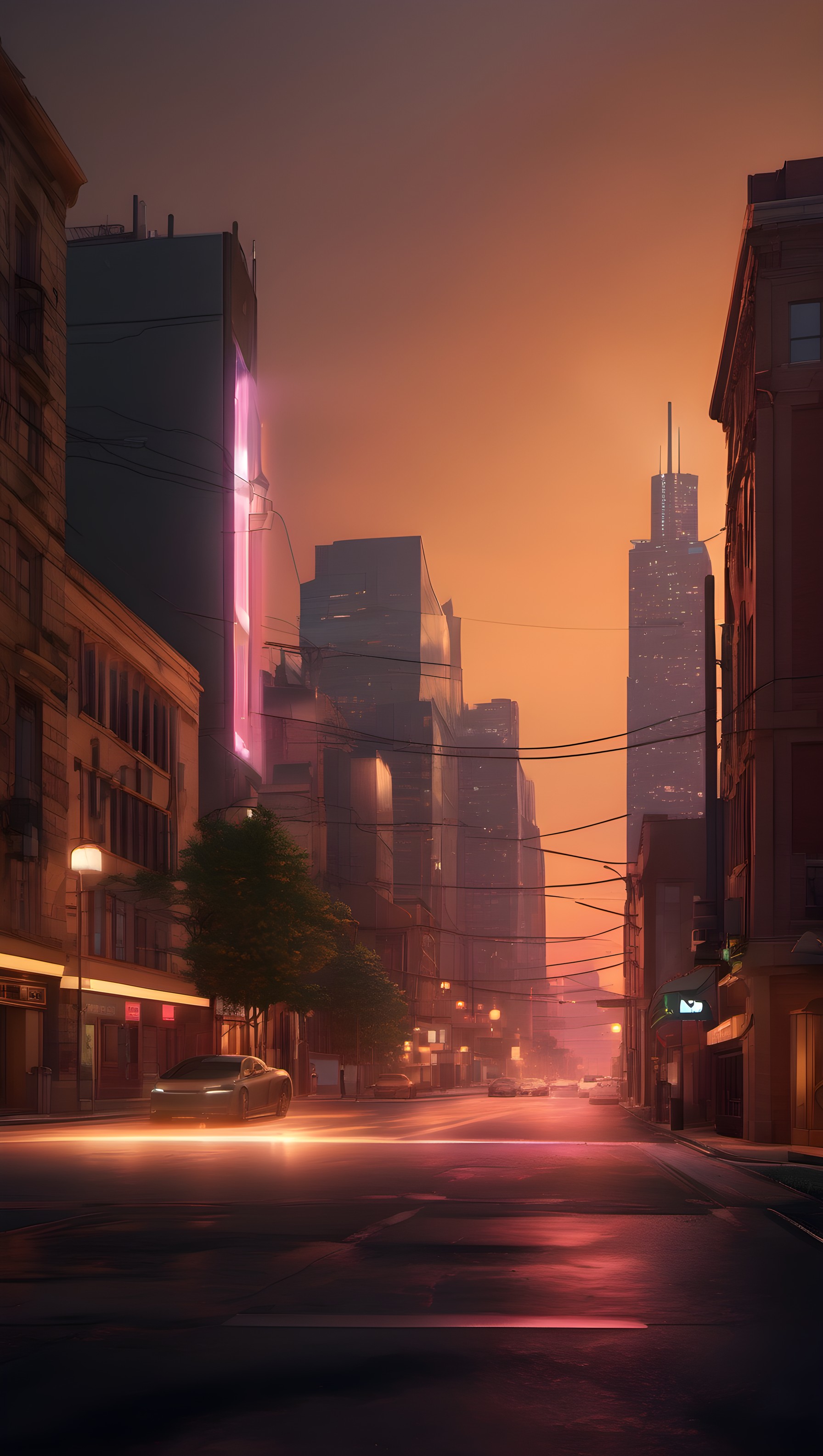 Urban Cyberpunk Sunset Glow City Street Wallpaper, city, urban, street, sunset, dusk, cyberpunk