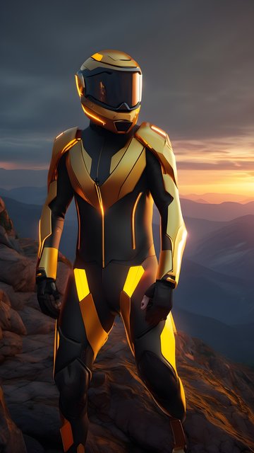 Golden Armored Sci-Fi Rider at Mountain Sunset