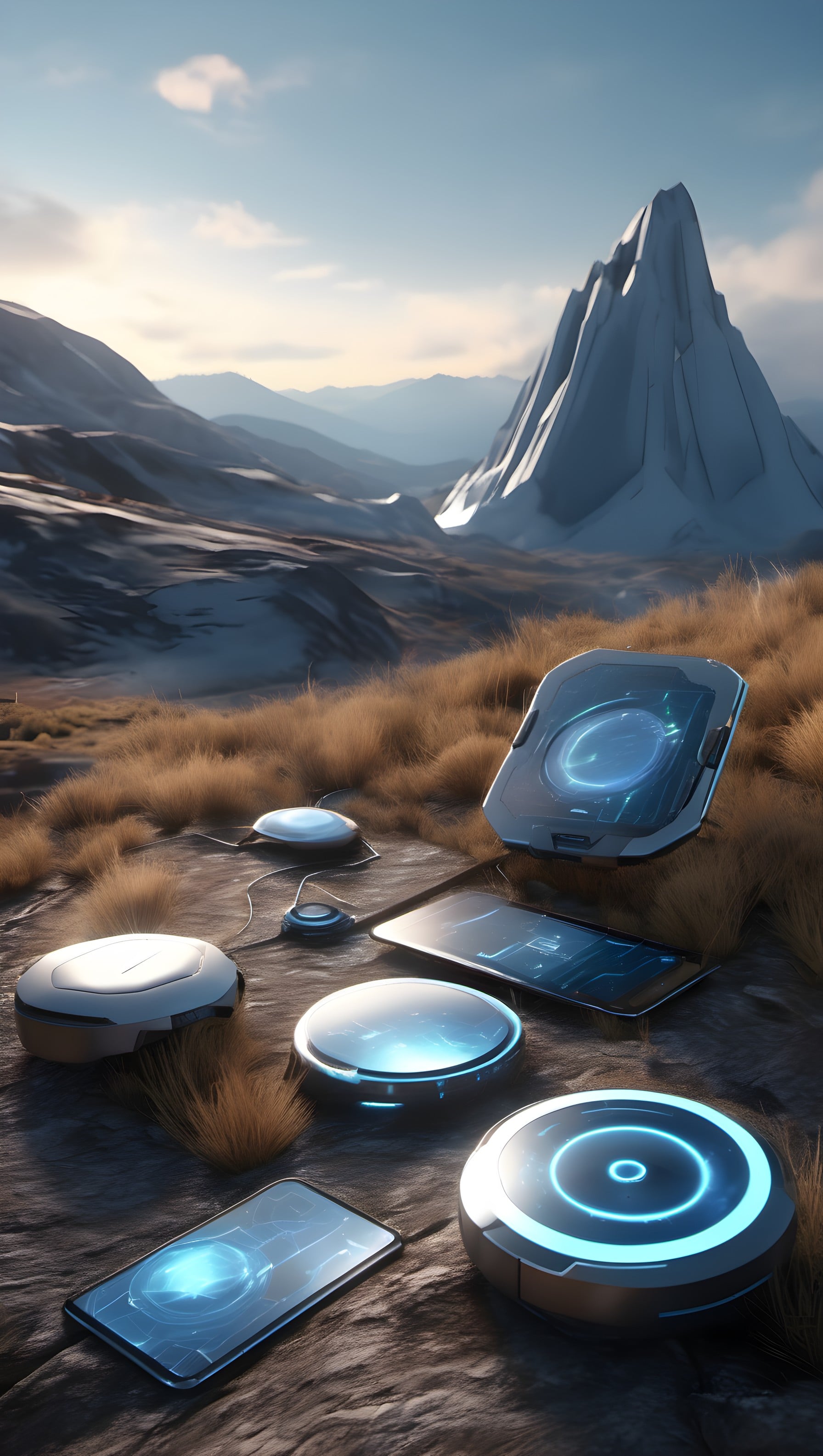 Futuristic Tech & Icy Mountain Vista Wallpaper, futuristic tech, sci-fi, alien landscape, icy mountain, digital art, cyberpunk