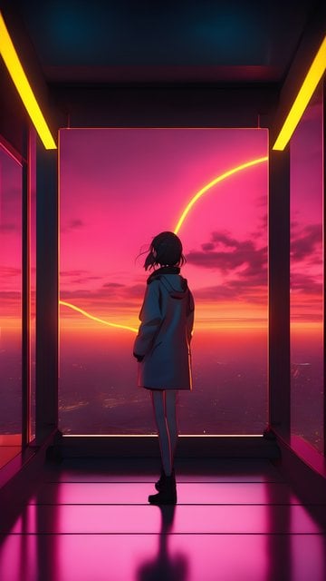 Anime Girl Overlooking Neon Sunset Cityscape