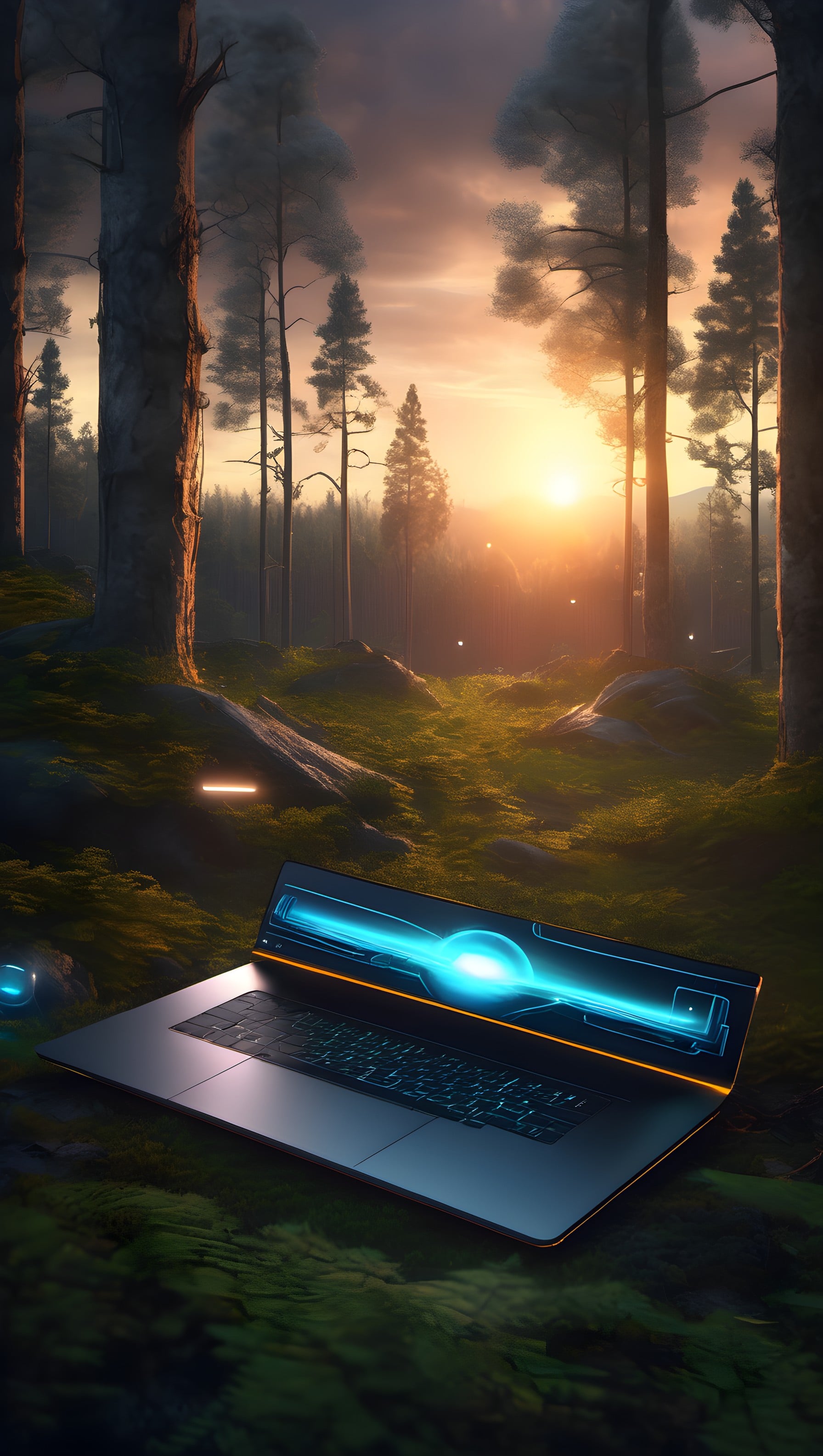 Futuristic Laptop in Mystical Sunset Forest, futuristic, technology, laptop, forest, sunset, golden hour