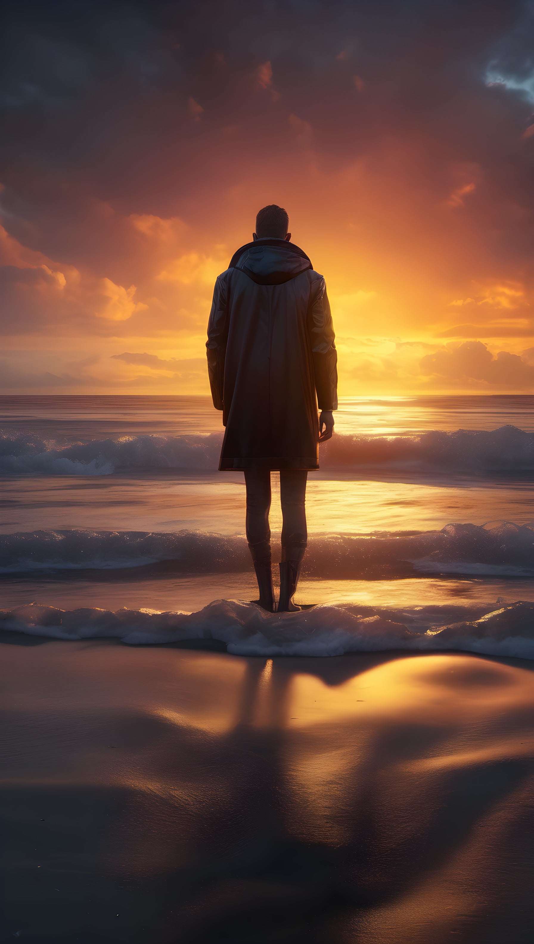 Dramatic Sunset Solitude on Reflective Ocean Beach, sunset, beach, ocean, solitude, golden hour, dramatic