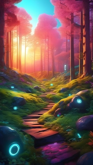 Enchanted Forest Path with Glowing Elements at Sunset