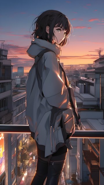 Pensive Anime Girl City Sunset Aesthetic Wallpaper