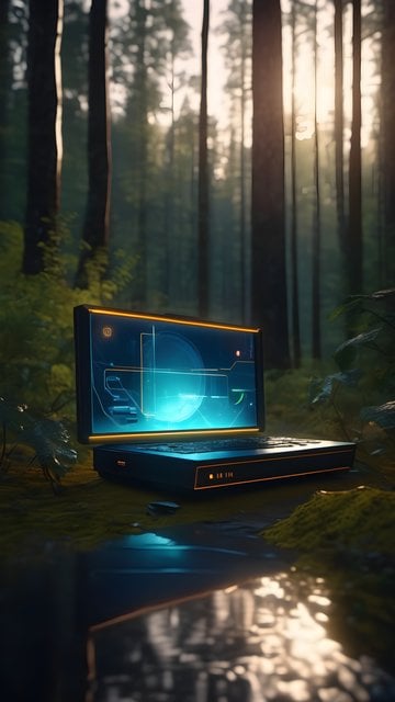 Sci-Fi Laptop in Forest at Sunset Wallpaper