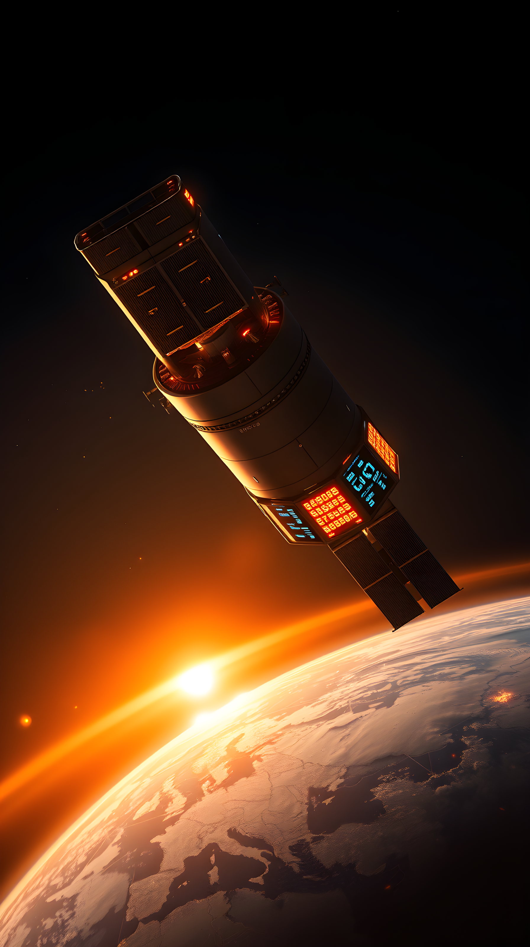 Orbital Satellite Sunrise Space Digital Art, satellite, spacecraft, earth, orbit, sunrise, sci-fi