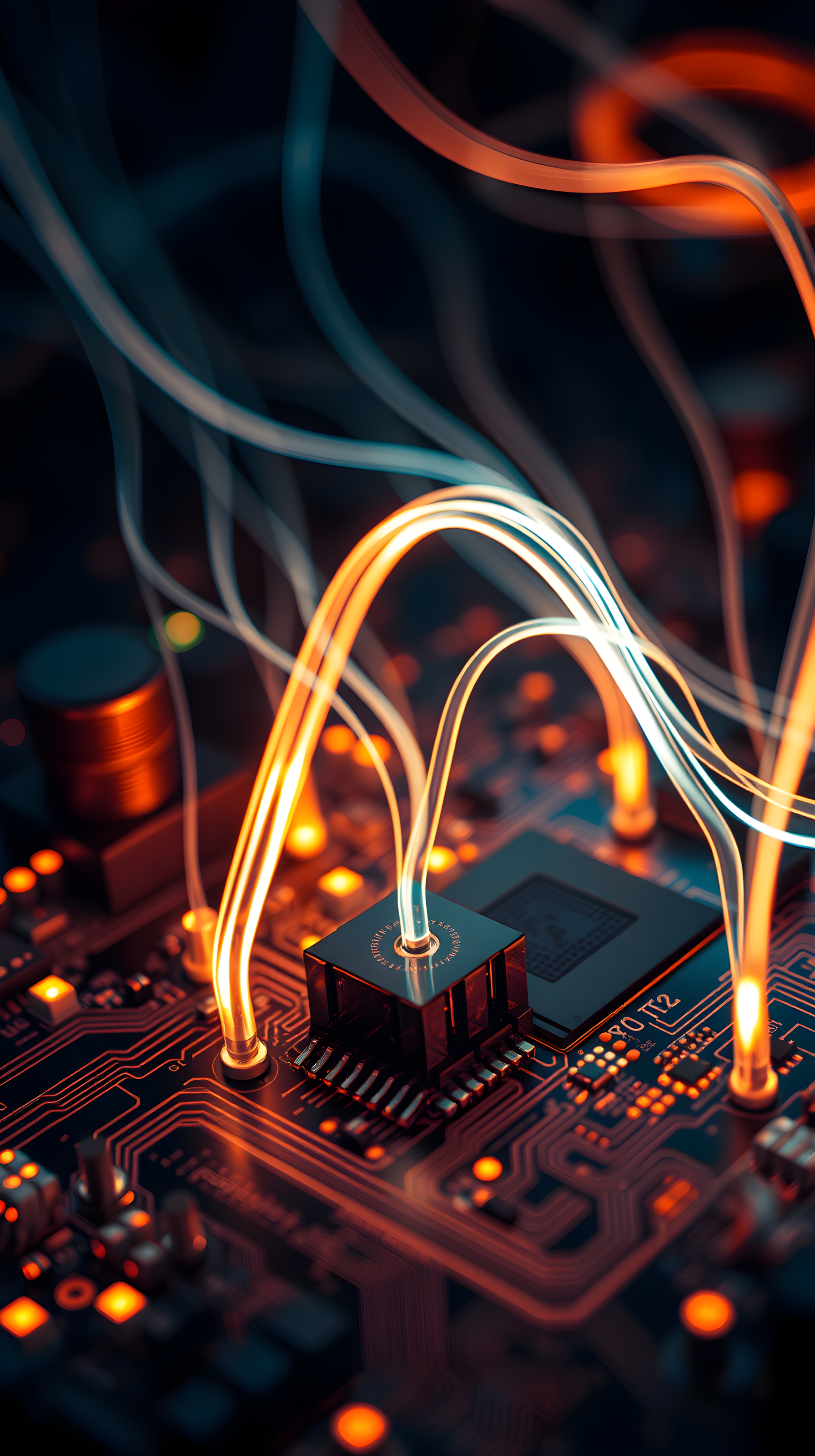 Cybernetic Circuit Board Glow | Futuristic Tech Wallpaper, cyber, circuit board, technology, futuristic, glowing, optical fiber