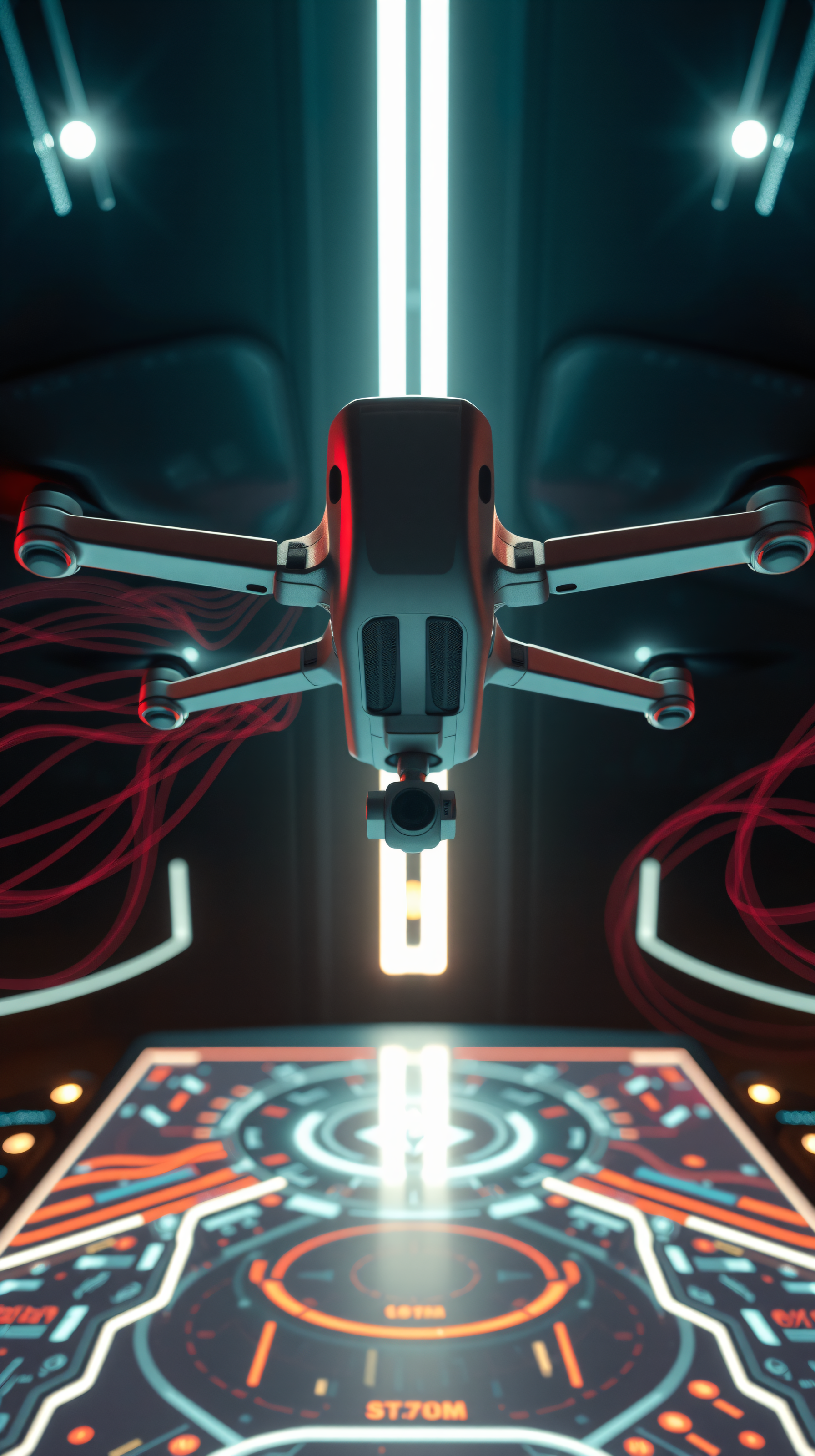 Futuristic Drone in Sci-Fi Control Room Wallpaper, drone, futuristic, sci-fi, technology, cyberpunk, neon