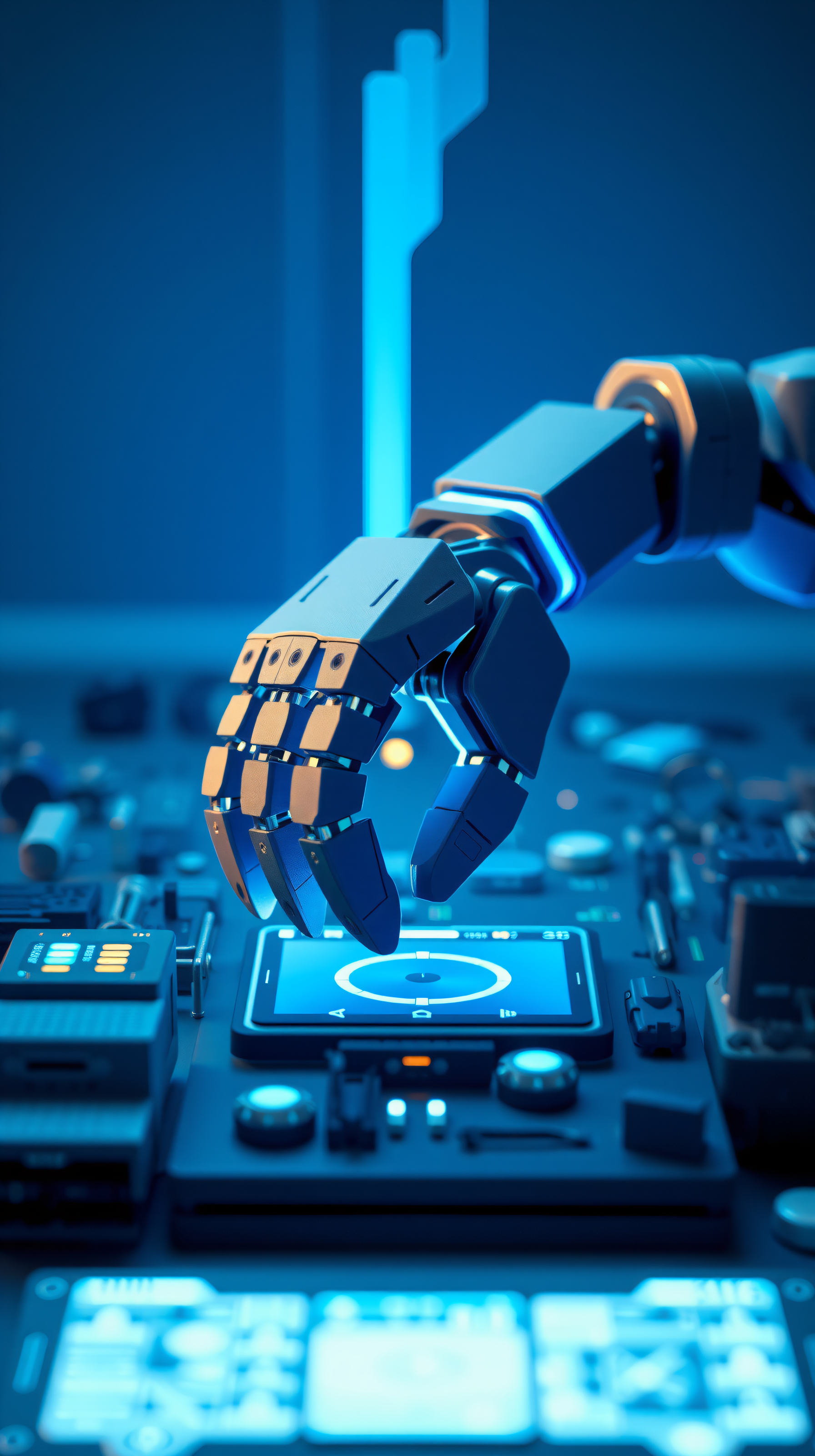 Robotic Hand on Futuristic Cyberpunk Control Panel, robotic hand, cyberpunk, futuristic, tech, control panel, digital art
