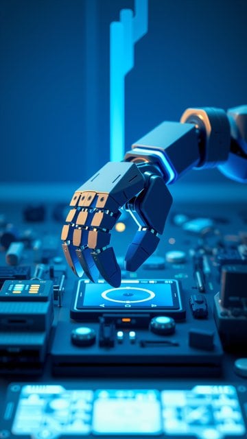 Robotic Hand on Futuristic Cyberpunk Control Panel