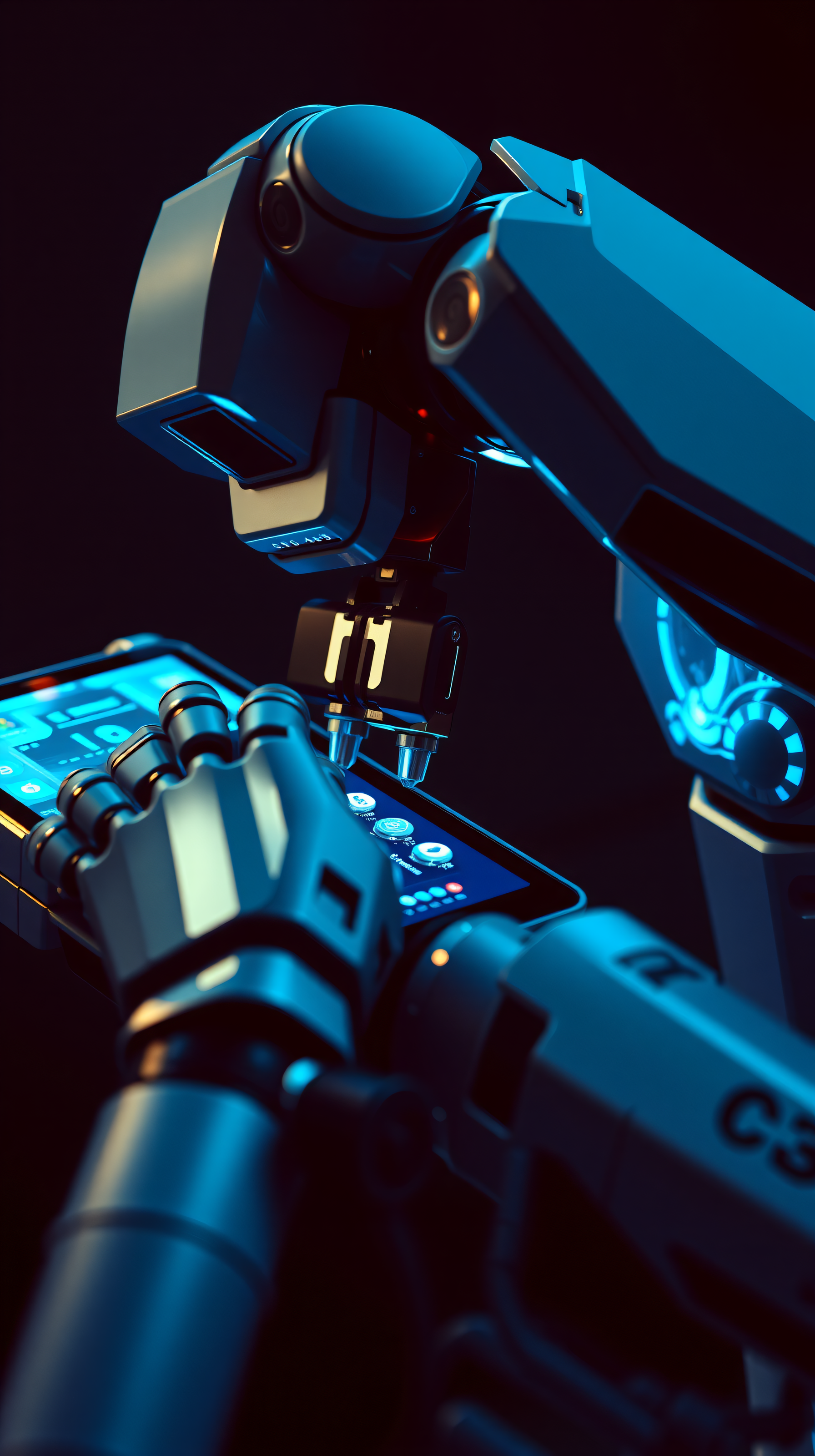 Robotic Hand on Tablet, Cyberpunk Tech Aesthetic, robot, robotic hand, android, technology, futuristic, cyberpunk
