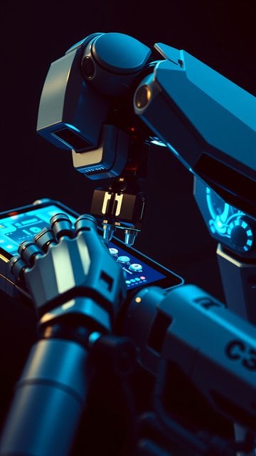 Robotic Hand on Tablet, Cyberpunk Tech Aesthetic
