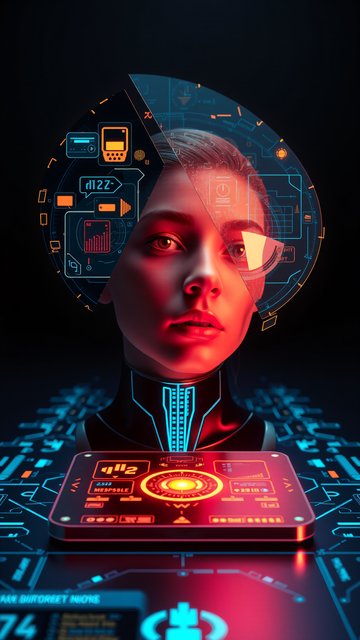 Cyberpunk AI Woman with Holographic UI