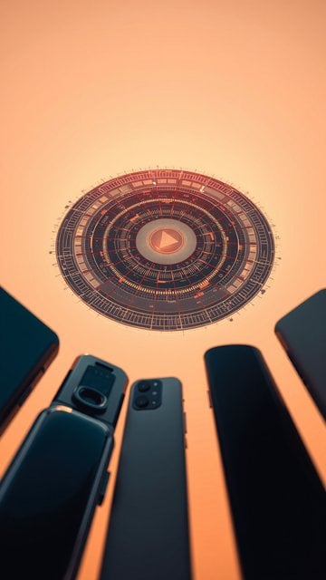 Sci-Fi UI Display with Modern Phones, Warm Orange Glow