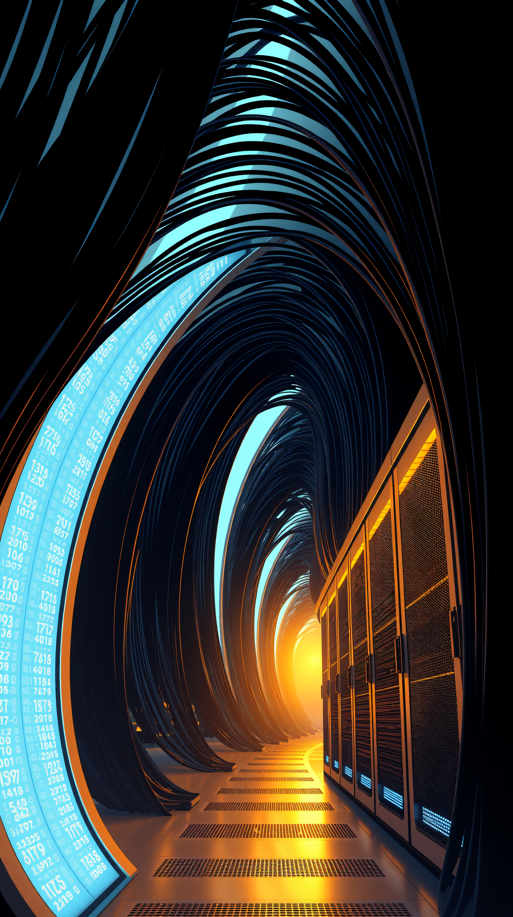 Futuristic Data Tunnel with Glowing Server Racks, futuristic, data tunnel, server room, technology, abstract, digital