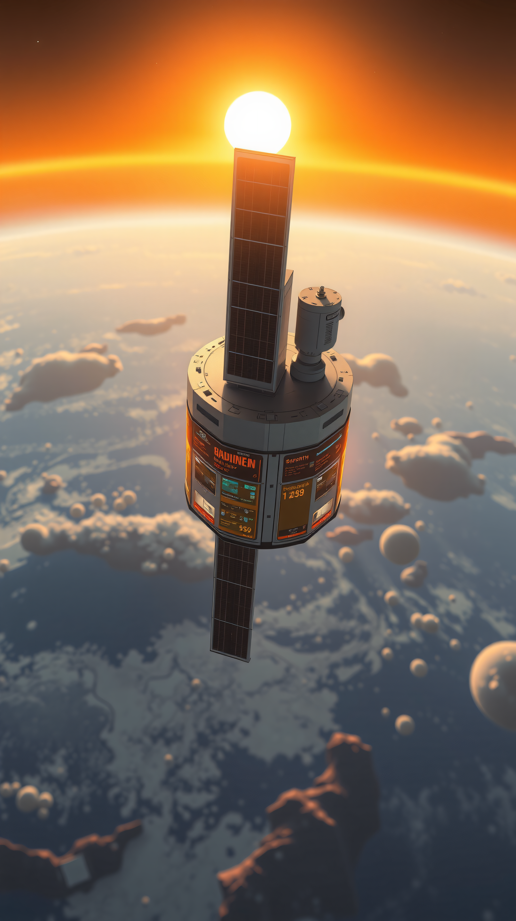 Futuristic Satellite Orbiting Planet at Golden Sunset, satellite, space, planet, sunset, sunrise, golden hour