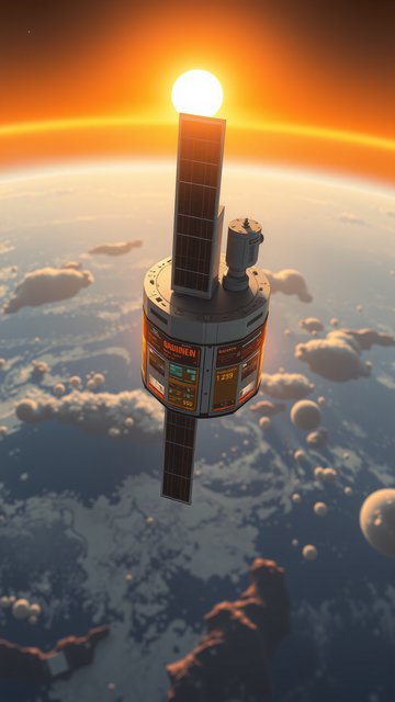 Futuristic Satellite Orbiting Planet at Golden Sunset