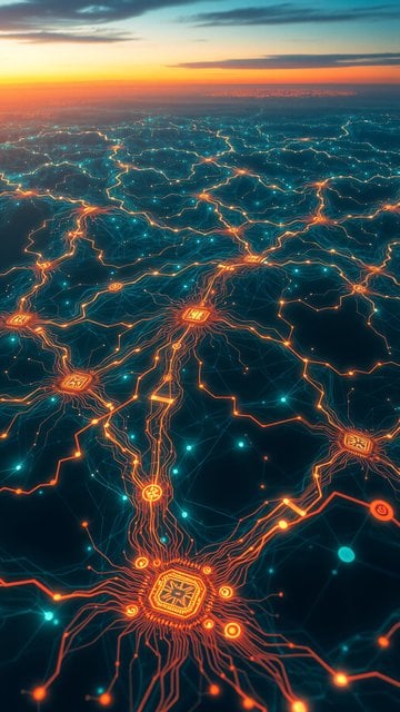 Futuristic Digital City Network Sunset Wallpaper