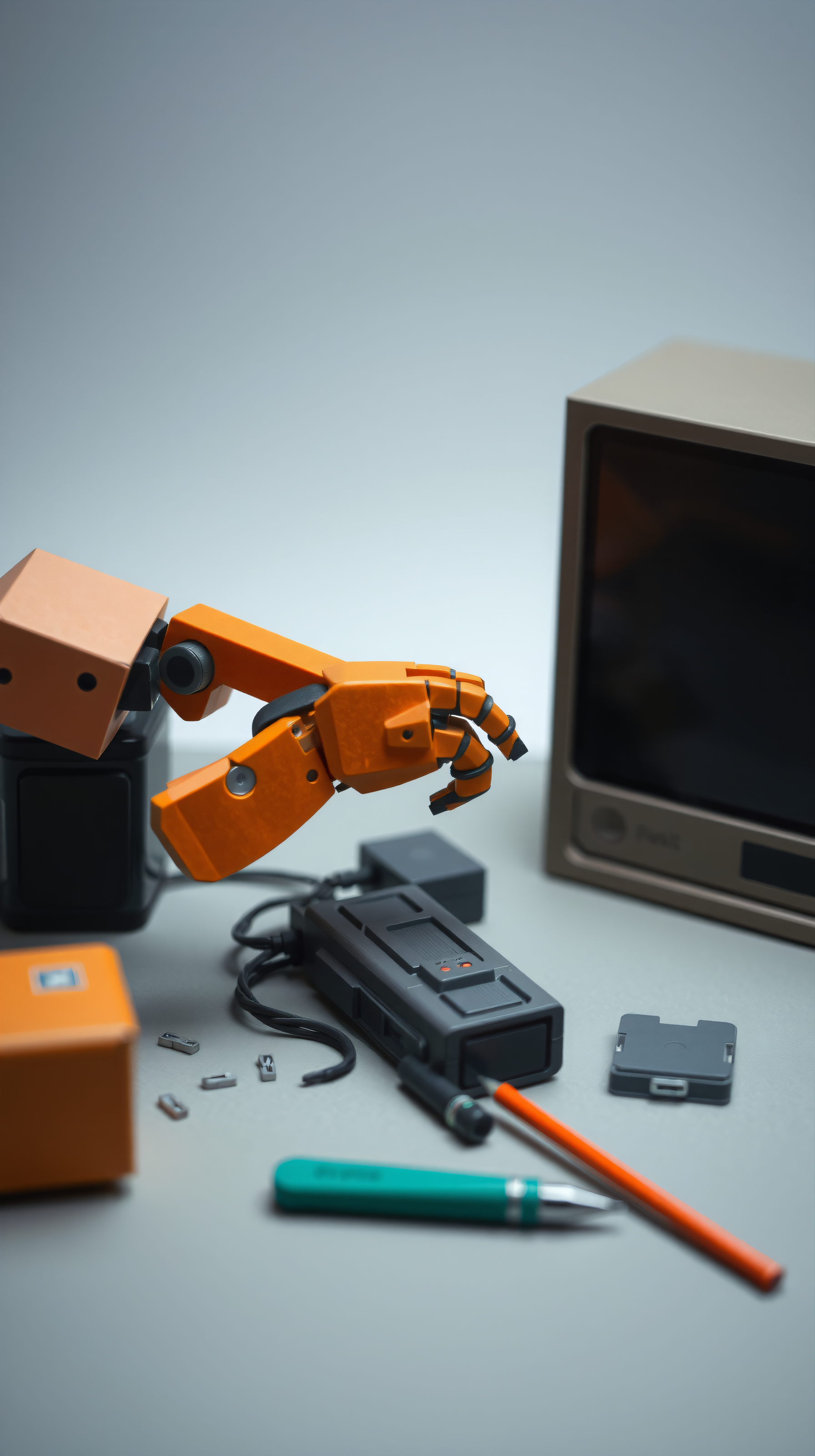 Robot Arm & Retro Tech Workspace Wallpaper, robot arm, robotics, technology, futuristic, industrial, orange