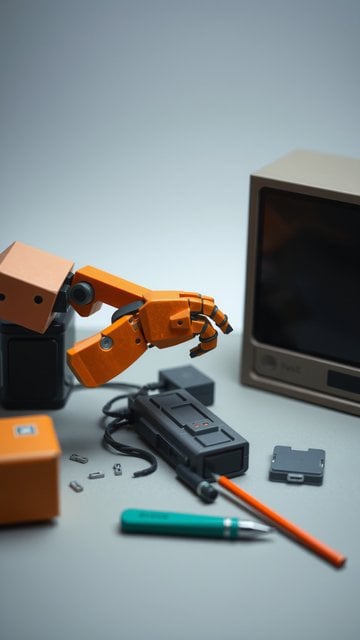 Robot Arm & Retro Tech Workspace Wallpaper
